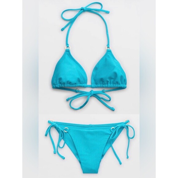 aerie Other - NWT Aerie FULL SET Shine Rib String Triangle Top + Cheekiest Tie Bottom Blue - S